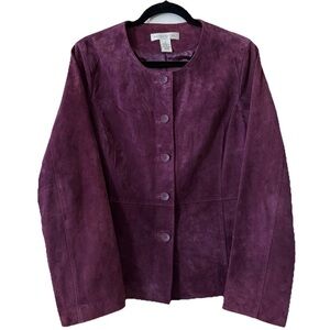 Pursuits Ltd Suede Leather Jacket Purple Collarless Button Front 12